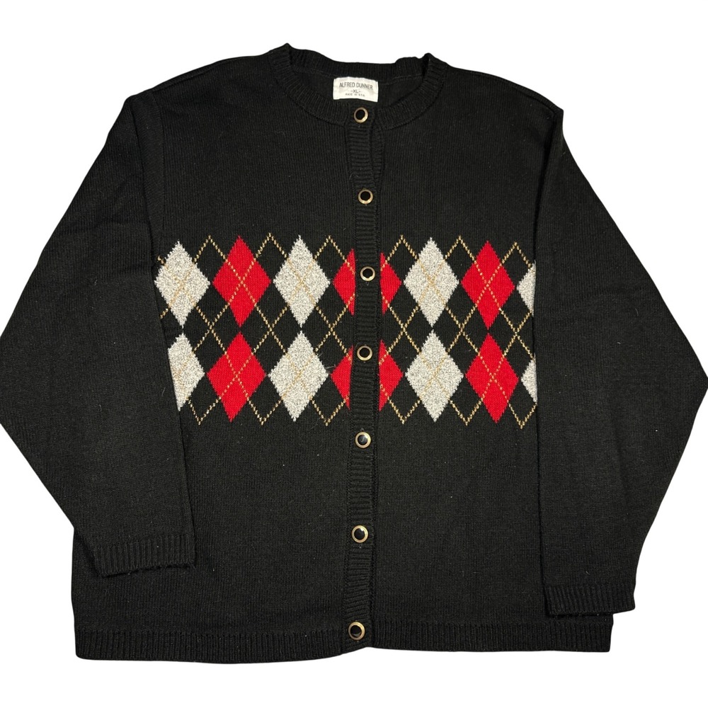 Vintage Alfred Dunner Argyle Cardigan Sweater Black Red Silver XL Made in USA